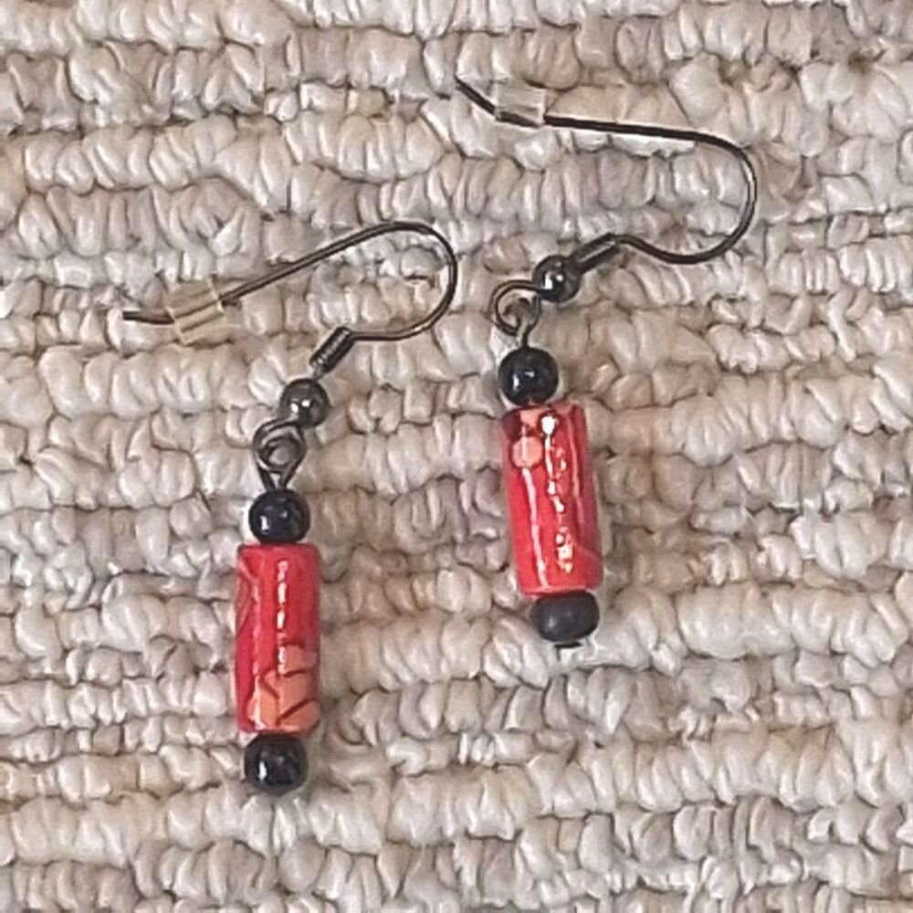 Vintage Red Tube Bead Dangle Earrings Handcrafted Black Accent Pierced Womens